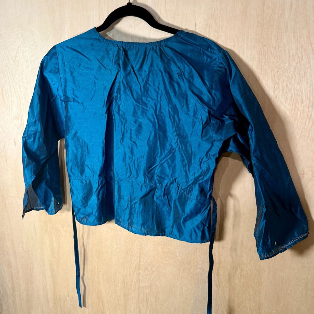 Vintage 90s PASSPORT Embroidered Top Blue Boho Metallic Rayon India Large - Picture 2 of 9